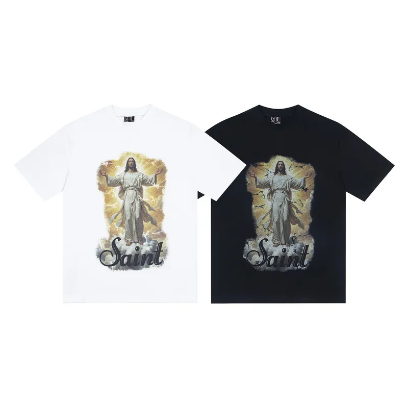 100💰S09#美Chao SAINT white ink direct-injection pure cotton 260g loose short-sleeved T-shirt 15 black, white S-XL